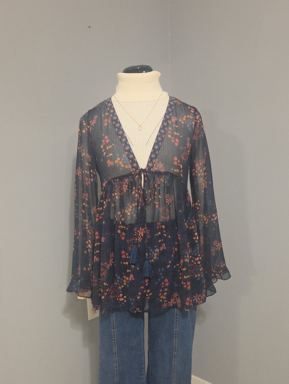Xhilaration Navy Sheer Floral Tie-Front Blouse